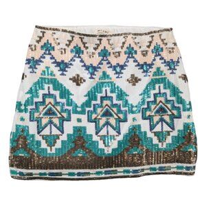 Miami Sequin Mini Skirt Aqua Gold Multicolor Aztec Print Lined Pull On Size S